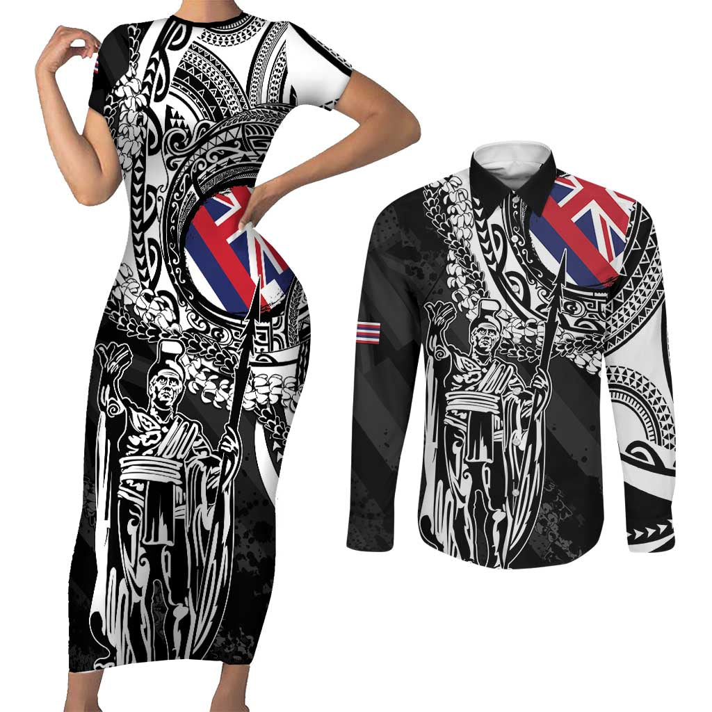 Hawaii King Flag Couples Matching Short Sleeve Bodycon Dress and Long Sleeve Button Shirt Hawaiian Maile Lei LT05 Black - Polynesian Pride