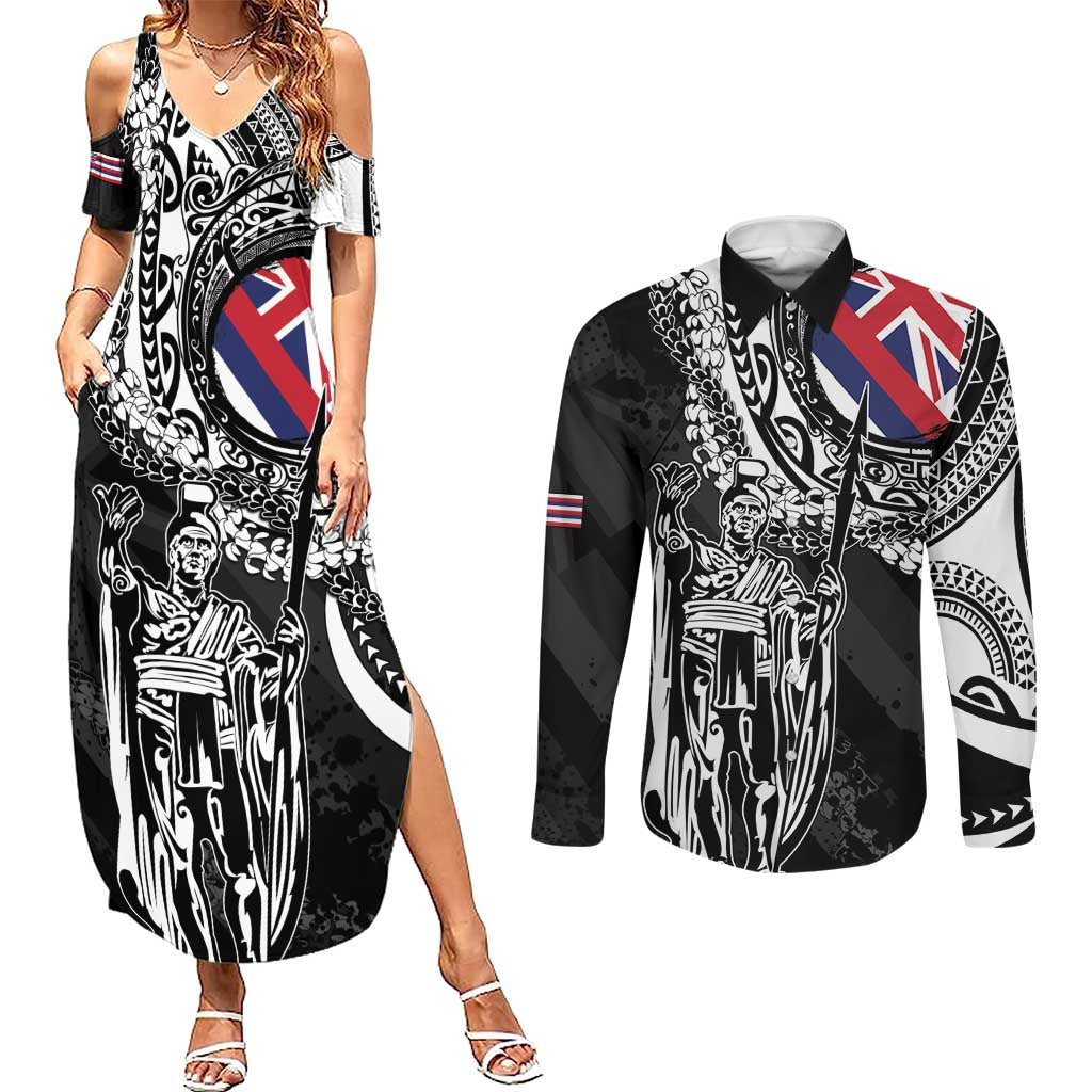 Hawaii King Flag Couples Matching Summer Maxi Dress and Long Sleeve Button Shirt Hawaiian Maile Lei - Polynesian Pride
