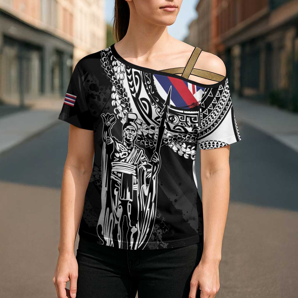 Hawaii King Flag Cross Shoulder Shirt Hawaiian Maile Lei - Polynesian Pride