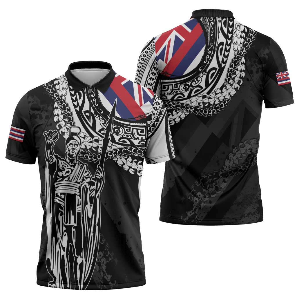 Hawaii King Flag Zipper Polo Shirt Hawaiian Maile Lei - Polynesian Pride