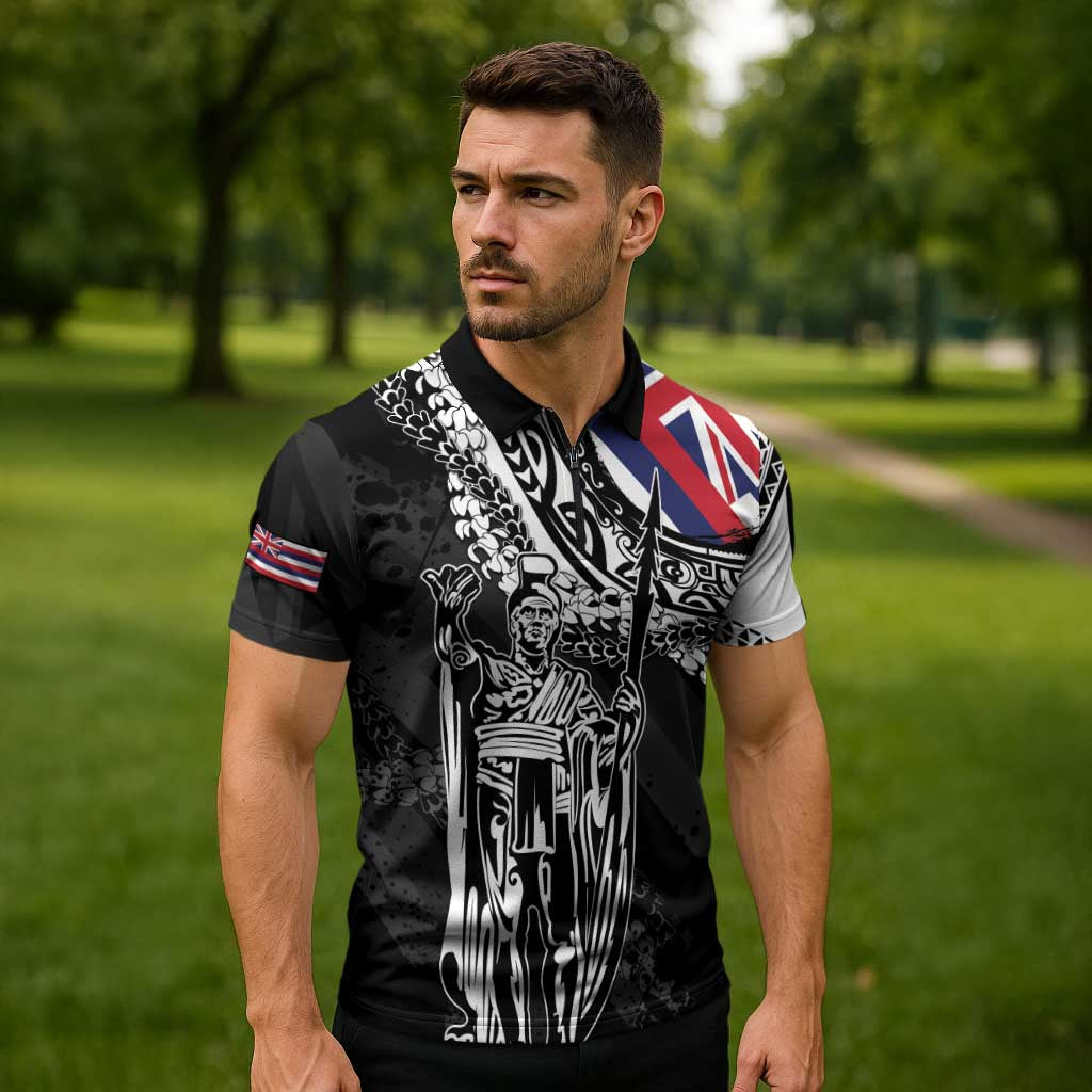 Hawaii King Flag Zipper Polo Shirt Hawaiian Maile Lei - Polynesian Pride