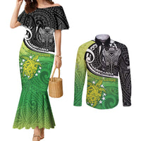 Personalised New Zealand Cook Islands Couples Matching Mermaid Dress and Long Sleeve Button Shirt Maori Tiki With Circle Stars Turtle LT05 Multicolor - Polynesian Pride