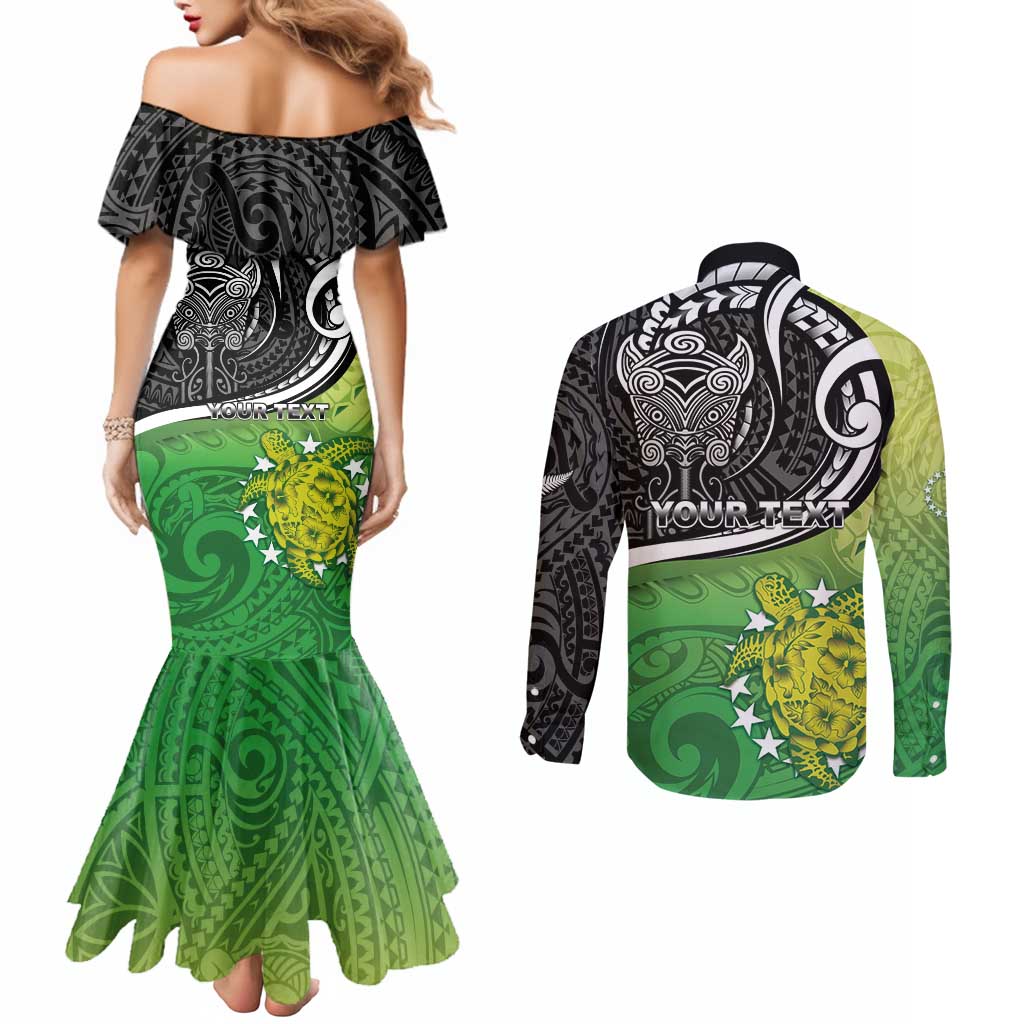 Personalised New Zealand Cook Islands Couples Matching Mermaid Dress and Long Sleeve Button Shirt Maori Tiki With Circle Stars Turtle LT05 - Polynesian Pride