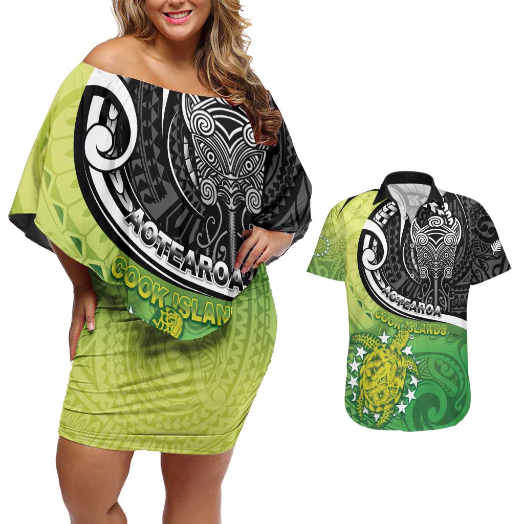 Custom New Zealand Cook Islands Couples Matching Off Shoulder Short Dress and Hawaiian Shirt Maori Tiki With Circle Stars Turtle - Polynesian Pride