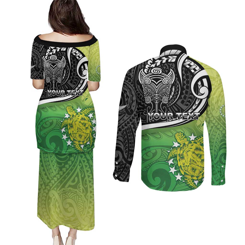 Custom New Zealand Cook Islands Couples Matching Puletasi and Long Sleeve Button Shirt Maori Tiki With Circle Stars Turtle - Polynesian Pride