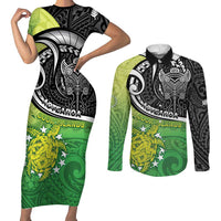 Custom New Zealand Cook Islands Couples Matching Short Sleeve Bodycon Dress and Long Sleeve Button Shirt Maori Tiki With Circle Stars Turtle - Polynesian Pride
