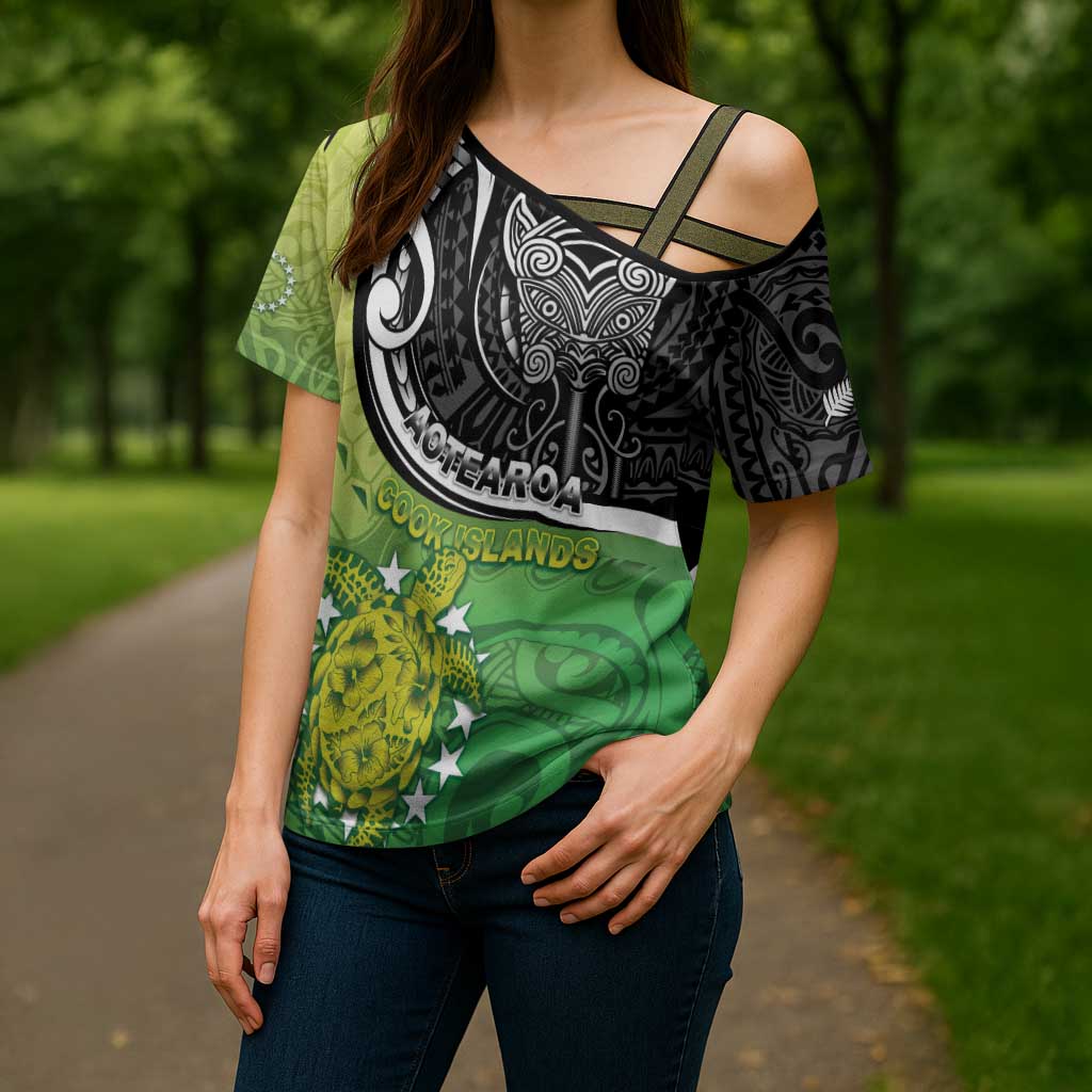Custom New Zealand Cook Islands Cross Shoulder Shirt Maori Tiki With Circle Stars Turtle - Polynesian Pride