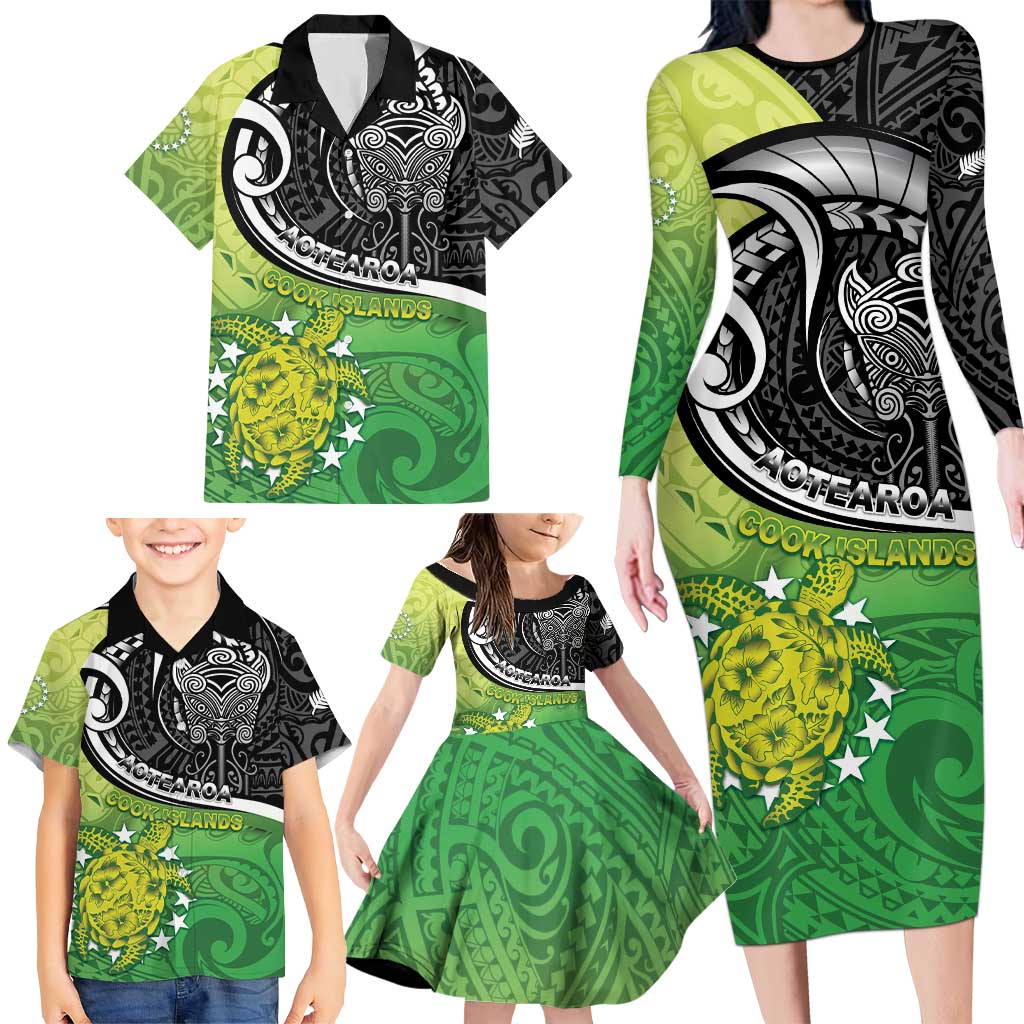 Custom New Zealand Cook Islands Family Matching Long Sleeve Bodycon Dress and Hawaiian Shirt Maori Tiki With Circle Stars Turtle - Polynesian Pride