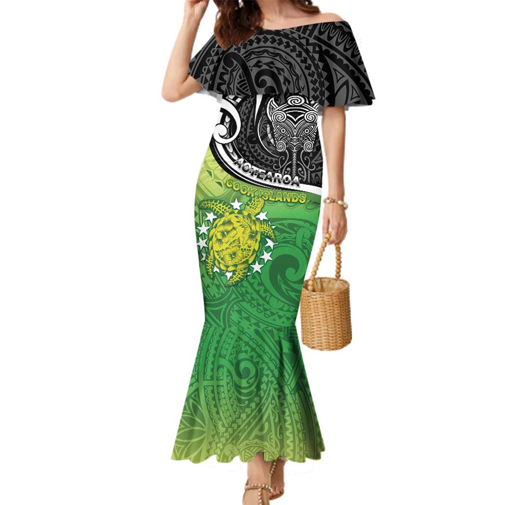 Custom New Zealand Cook Islands Family Matching Mermaid Dress and Hawaiian Shirt Maori Tiki With Circle Stars Turtle - Polynesian Pride