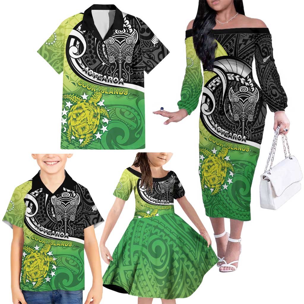 Custom New Zealand Cook Islands Family Matching Off The Shoulder Long Sleeve Dress and Hawaiian Shirt Maori Tiki With Circle Stars Turtle - Polynesian Pride