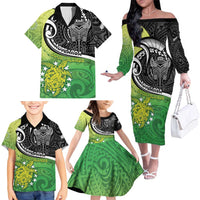 Custom New Zealand Cook Islands Family Matching Off The Shoulder Long Sleeve Dress and Hawaiian Shirt Maori Tiki With Circle Stars Turtle - Polynesian Pride