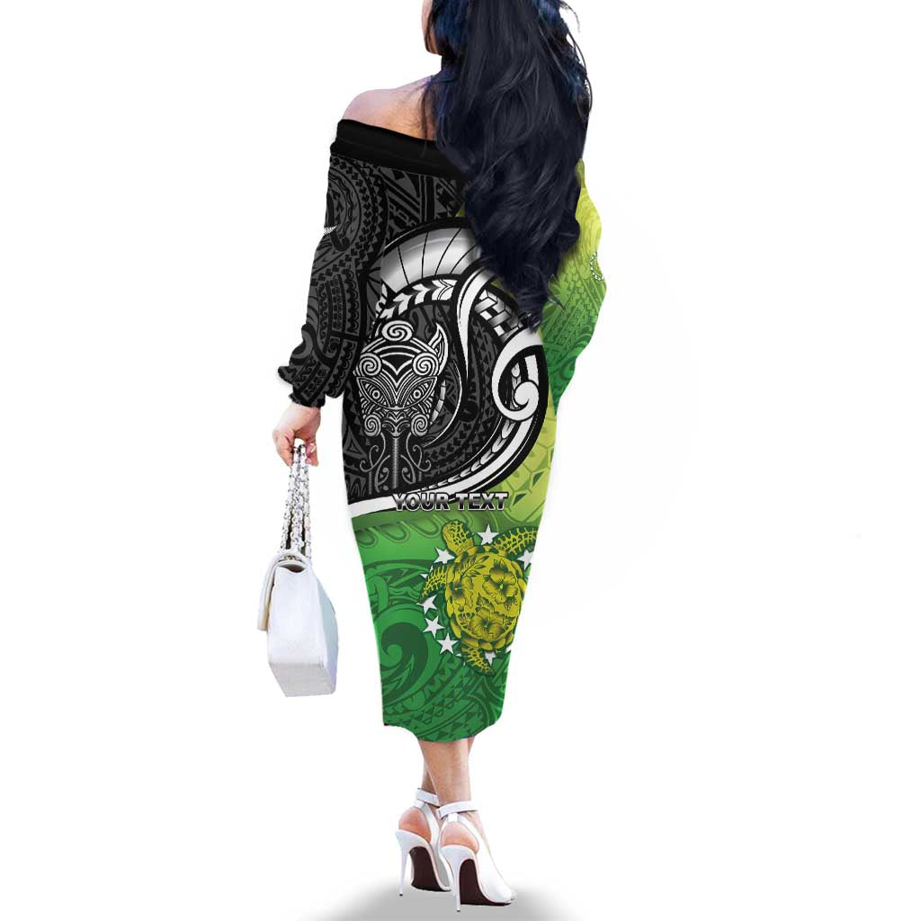 Custom New Zealand Cook Islands Family Matching Off The Shoulder Long Sleeve Dress and Hawaiian Shirt Maori Tiki With Circle Stars Turtle - Polynesian Pride