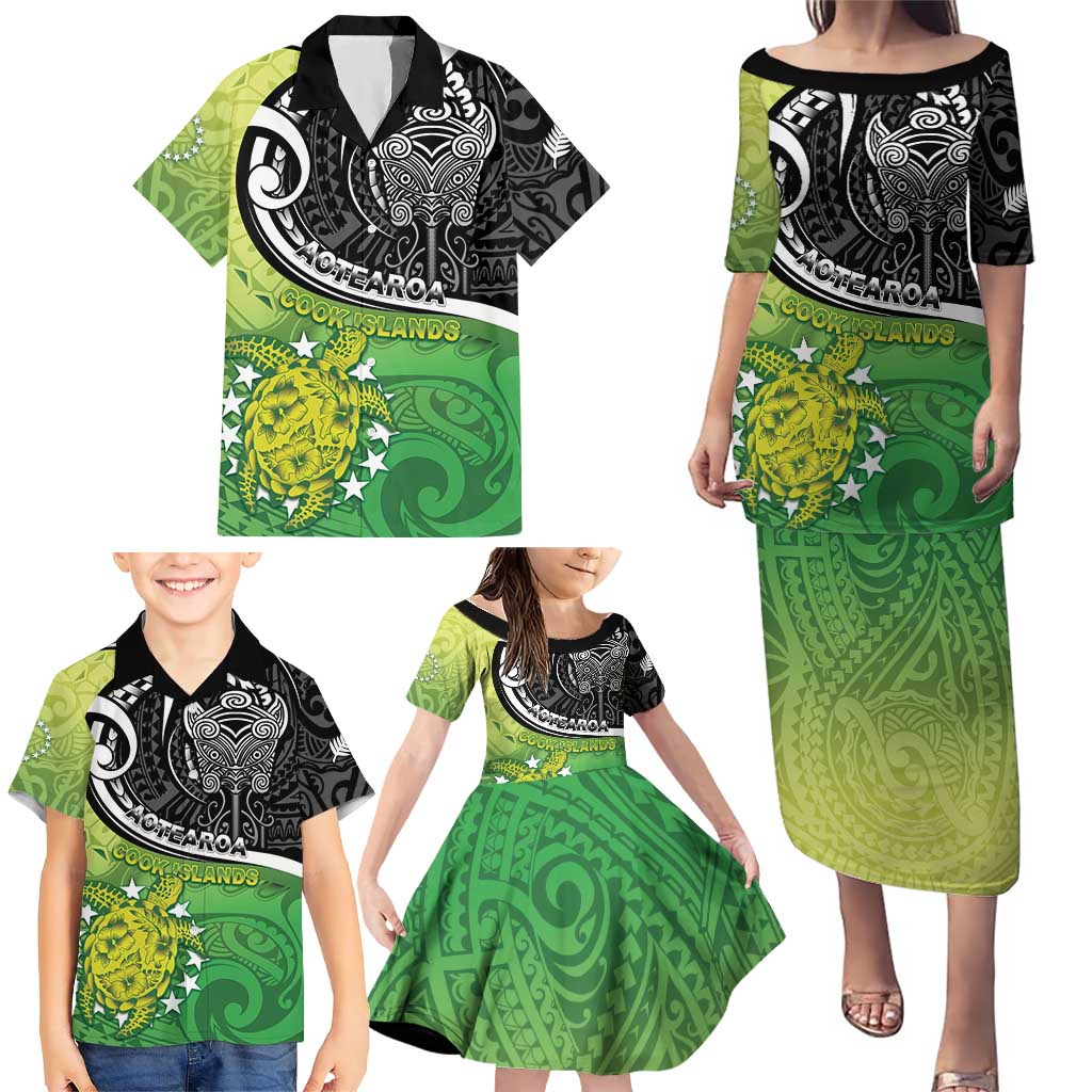 Custom New Zealand Cook Islands Family Matching Puletasi and Hawaiian Shirt Maori Tiki With Circle Stars Turtle - Polynesian Pride