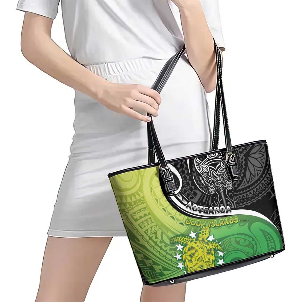 New Zealand Cook Islands Leather Tote Bag Maori Tiki With Circle Stars Turtle LT05 - Polynesian Pride