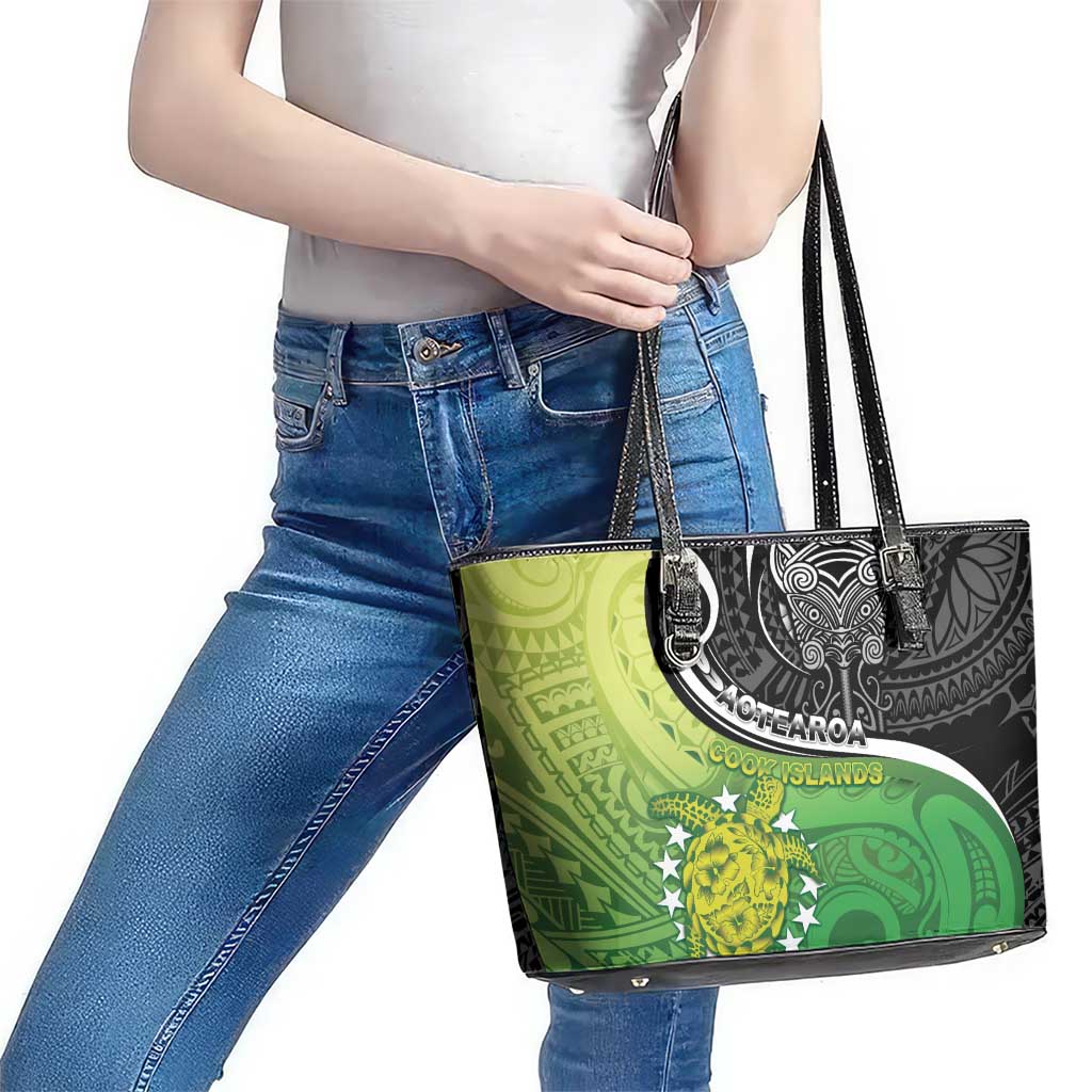 New Zealand Cook Islands Leather Tote Bag Maori Tiki With Circle Stars Turtle LT05 - Polynesian Pride