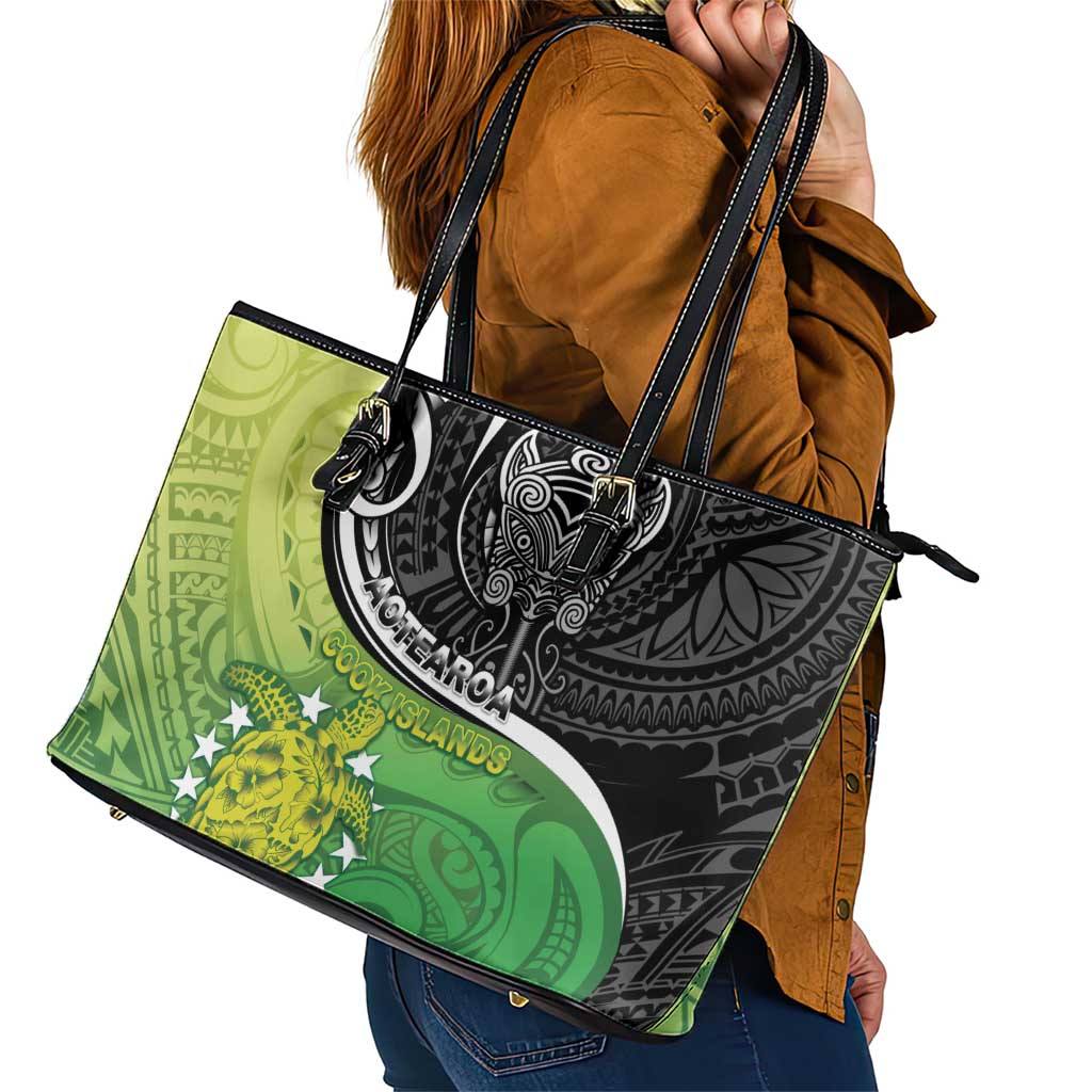 New Zealand Cook Islands Leather Tote Bag Maori Tiki With Circle Stars Turtle LT05 - Polynesian Pride