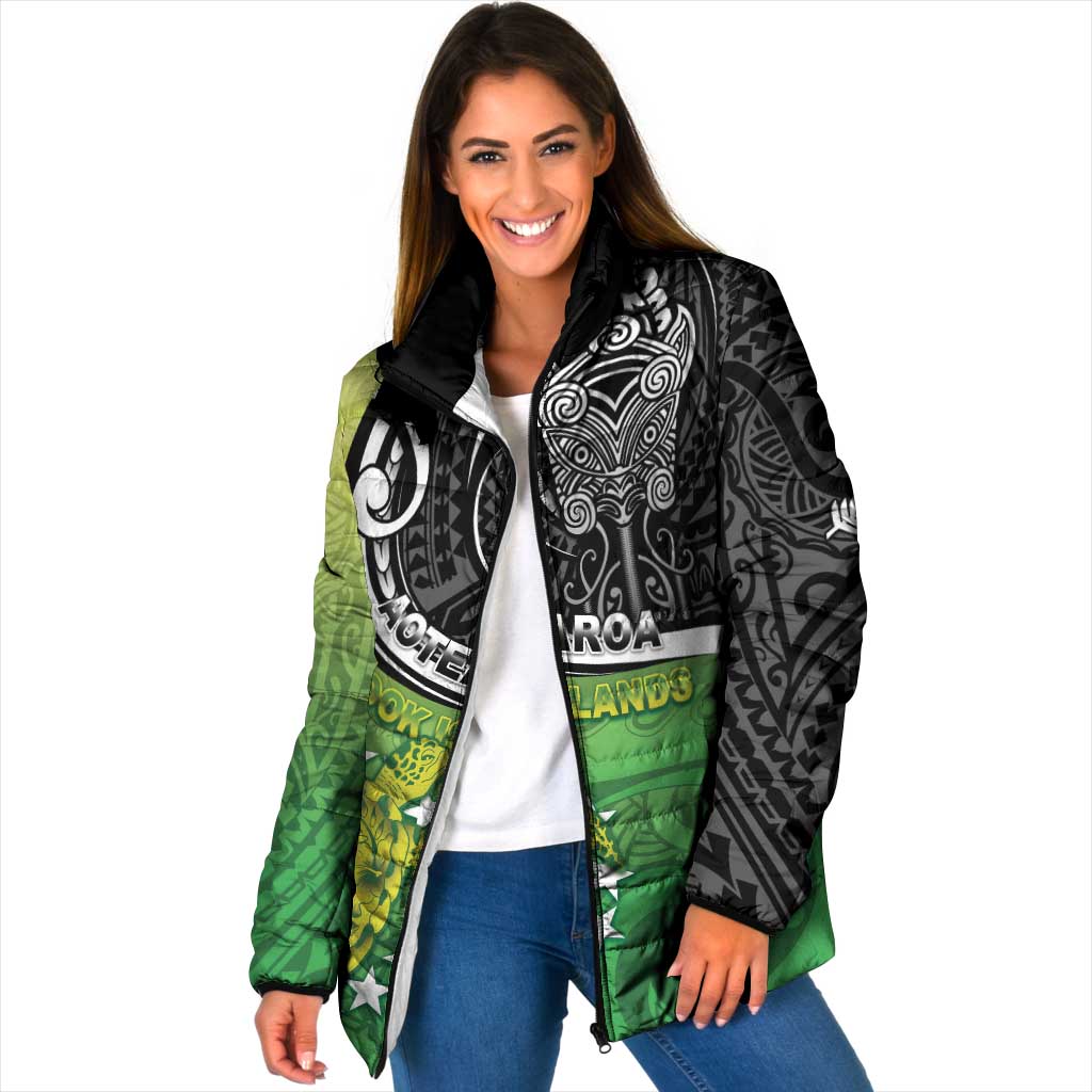 Custom New Zealand Cook Islands Padded Jacket Maori Tiki With Circle Stars Turtle - Polynesian Pride