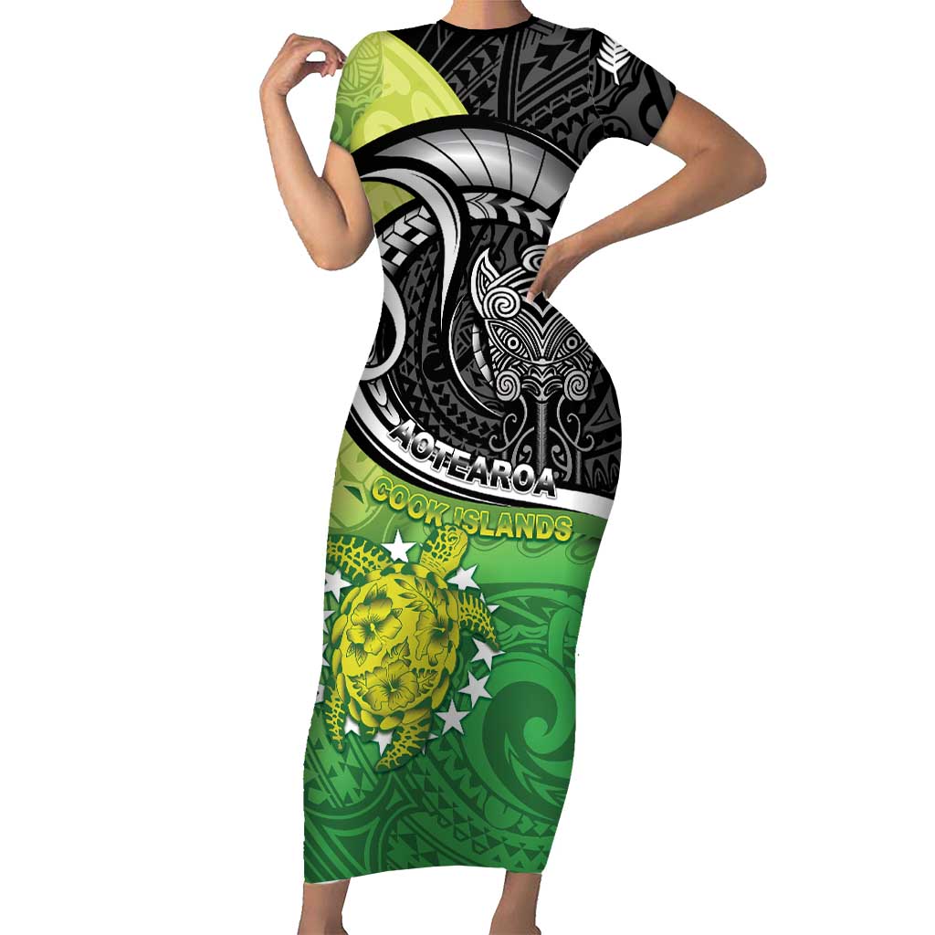 Custom New Zealand Cook Islands Short Sleeve Bodycon Dress Maori Tiki With Circle Stars Turtle - Polynesian Pride