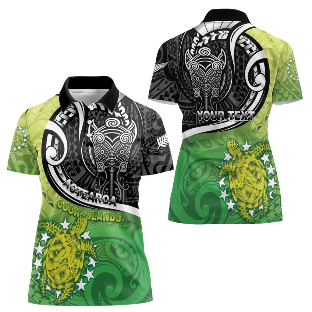 Custom New Zealand Cook Islands Women Polo Shirt Maori Tiki With Circle Stars Turtle - Polynesian Pride