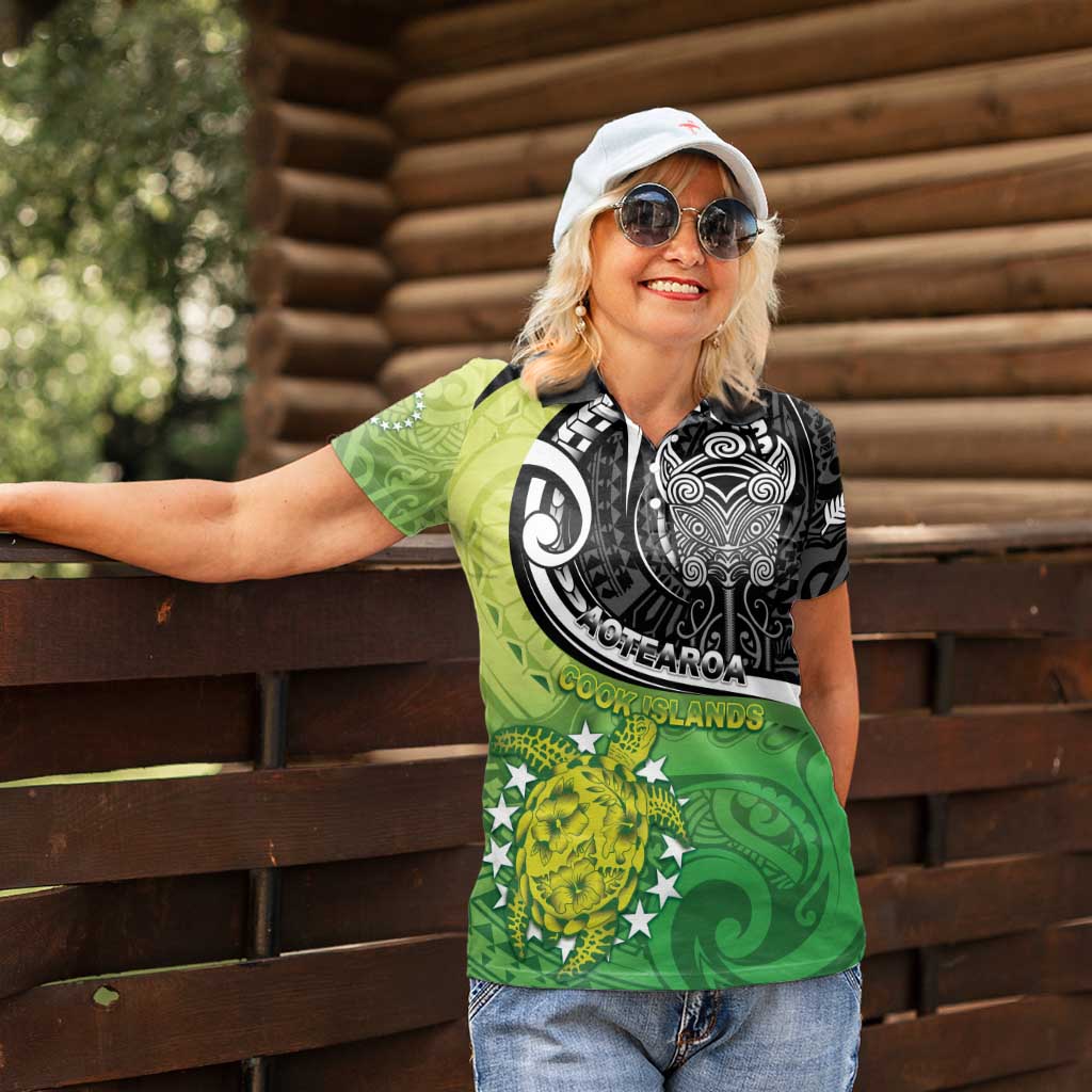 Custom New Zealand Cook Islands Women Polo Shirt Maori Tiki With Circle Stars Turtle - Polynesian Pride
