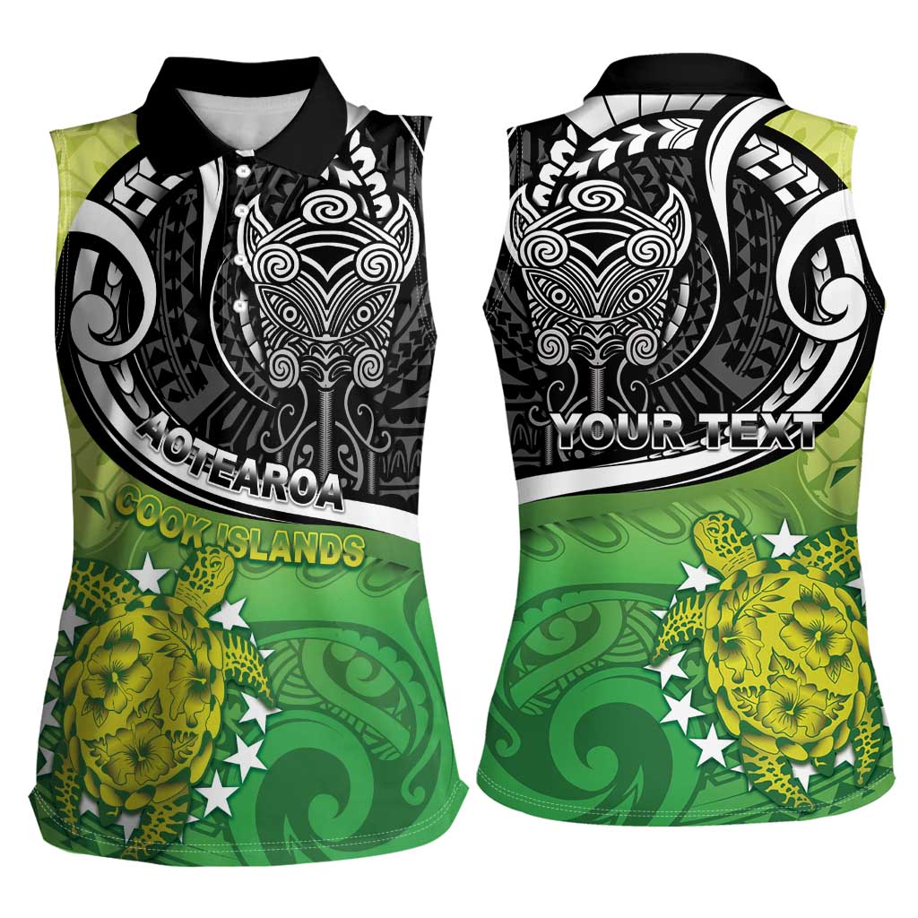 Custom New Zealand Cook Islands Women Sleeveless Polo Shirt Maori Tiki With Circle Stars Turtle - Polynesian Pride