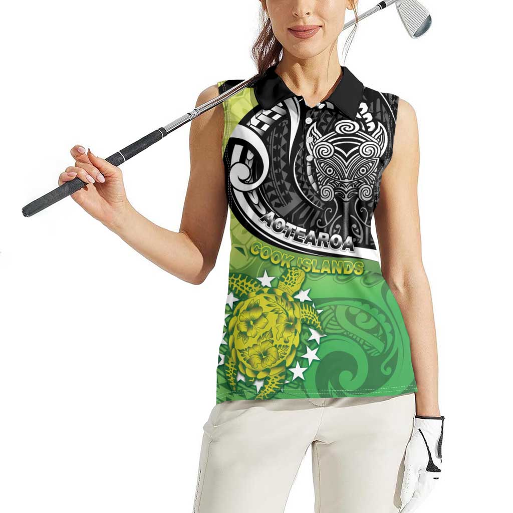 Custom New Zealand Cook Islands Women Sleeveless Polo Shirt Maori Tiki With Circle Stars Turtle - Polynesian Pride