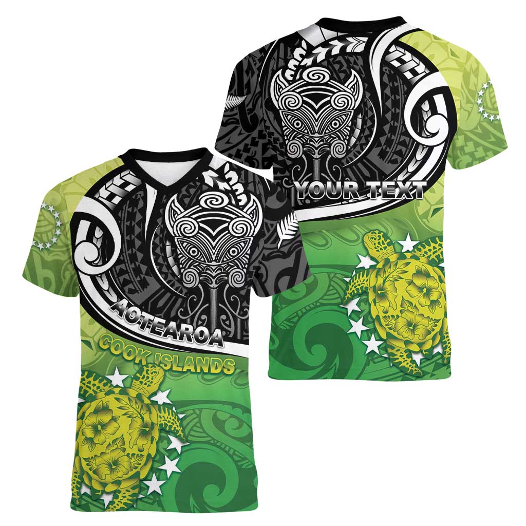 Custom New Zealand Cook Islands Women V-Neck T-Shirt Maori Tiki With Circle Stars Turtle - Polynesian Pride
