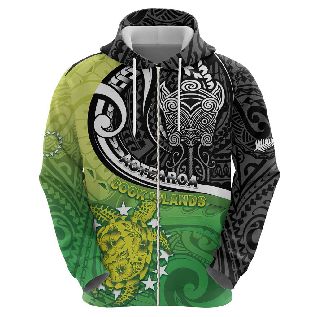Personalised New Zealand Cook Islands Zip Hoodie Maori Tiki With Circle Stars Turtle LT05 - Polynesian Pride