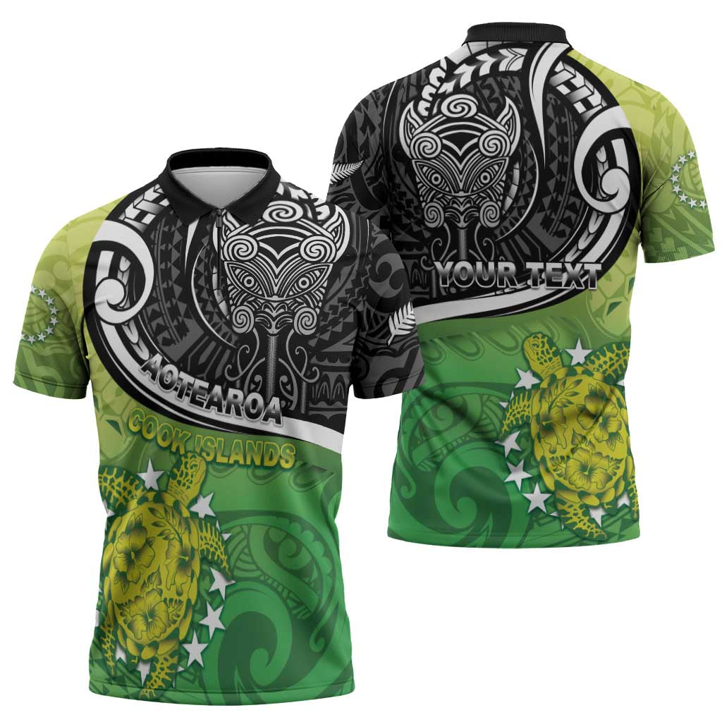 Custom New Zealand Cook Islands Zipper Polo Shirt Maori Tiki With Circle Stars Turtle - Polynesian Pride