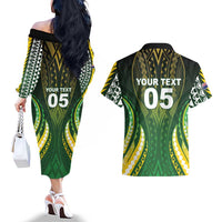 Custom Cook Islands Rugby Couples Matching Off The Shoulder Long Sleeve Dress and Hawaiian Shirt Unique Style Green Version - Polynesian Pride