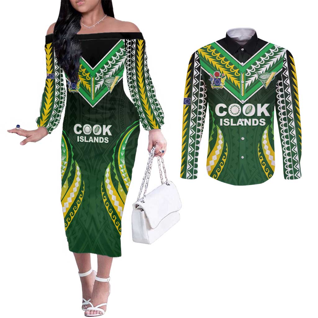 Custom Cook Islands Rugby Couples Matching Off The Shoulder Long Sleeve Dress and Long Sleeve Button Shirt Unique Style Green Version LT05 Green - Polynesian Pride