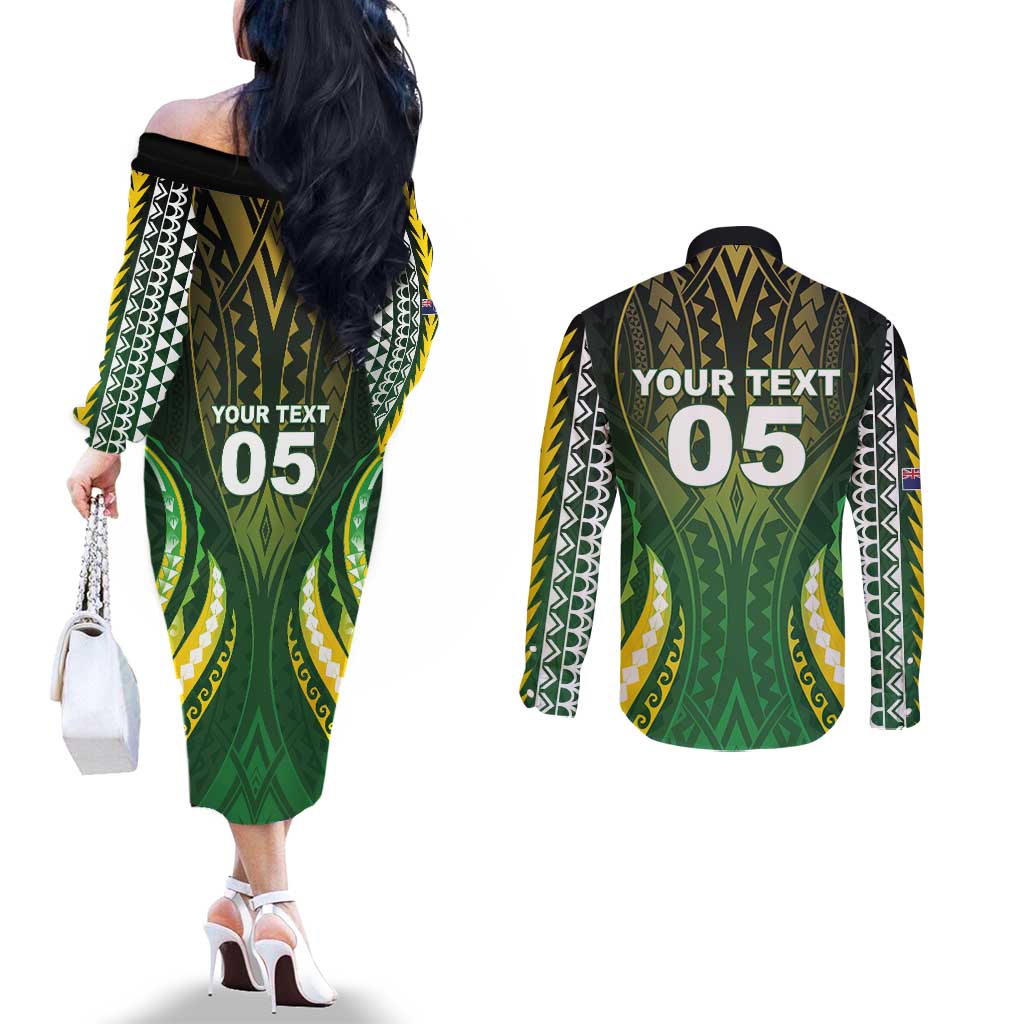 Custom Cook Islands Rugby Couples Matching Off The Shoulder Long Sleeve Dress and Long Sleeve Button Shirt Unique Style Green Version LT05 - Polynesian Pride