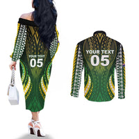 Custom Cook Islands Rugby Couples Matching Off The Shoulder Long Sleeve Dress and Long Sleeve Button Shirt Unique Style Green Version LT05 - Polynesian Pride