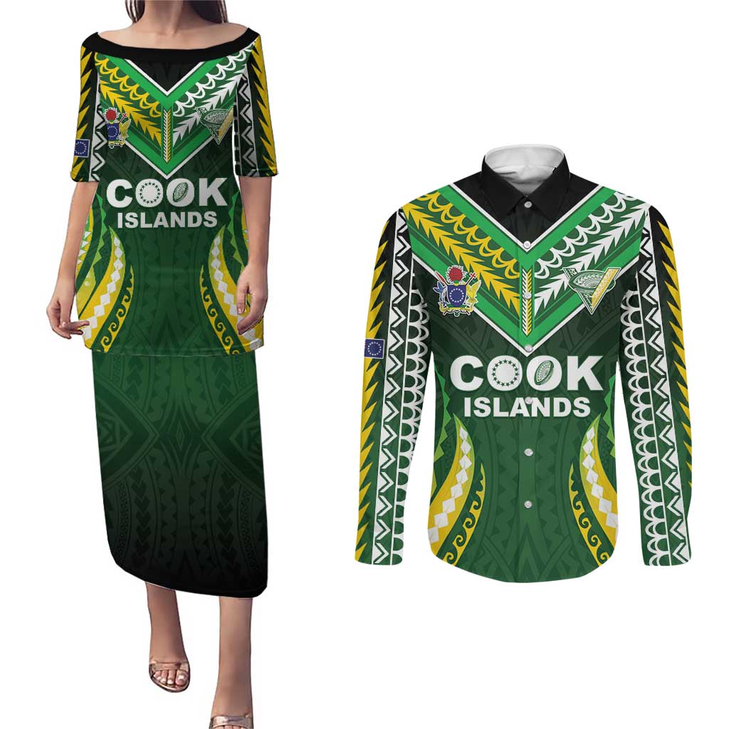 Custom Cook Islands Rugby Couples Matching Puletasi and Long Sleeve Button Shirt Unique Style Green Version LT05 Green - Polynesian Pride