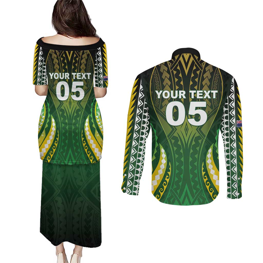 Custom Cook Islands Rugby Couples Matching Puletasi and Long Sleeve Button Shirt Unique Style Green Version LT05 - Polynesian Pride