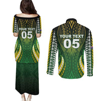 Custom Cook Islands Rugby Couples Matching Puletasi and Long Sleeve Button Shirt Unique Style Green Version LT05 - Polynesian Pride