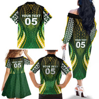 Custom Cook Islands Rugby Family Matching Off The Shoulder Long Sleeve Dress and Hawaiian Shirt Unique Style Green Version - Polynesian Pride