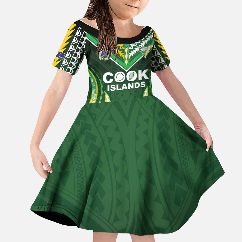 Custom Cook Islands Rugby Family Matching Off Shoulder Short Dress and Hawaiian Shirt Unique Style Green Version - Polynesian Pride