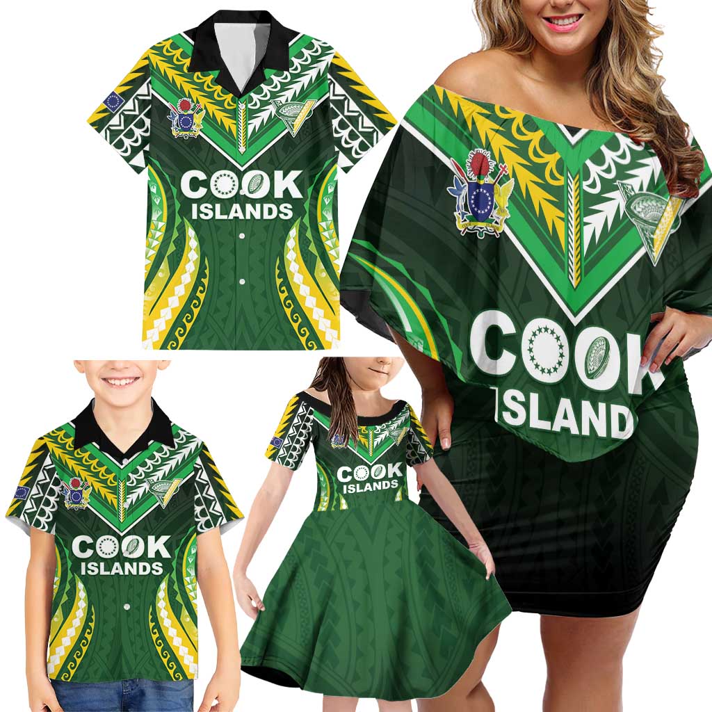 Custom Cook Islands Rugby Family Matching Off Shoulder Short Dress and Hawaiian Shirt Unique Style Green Version - Polynesian Pride