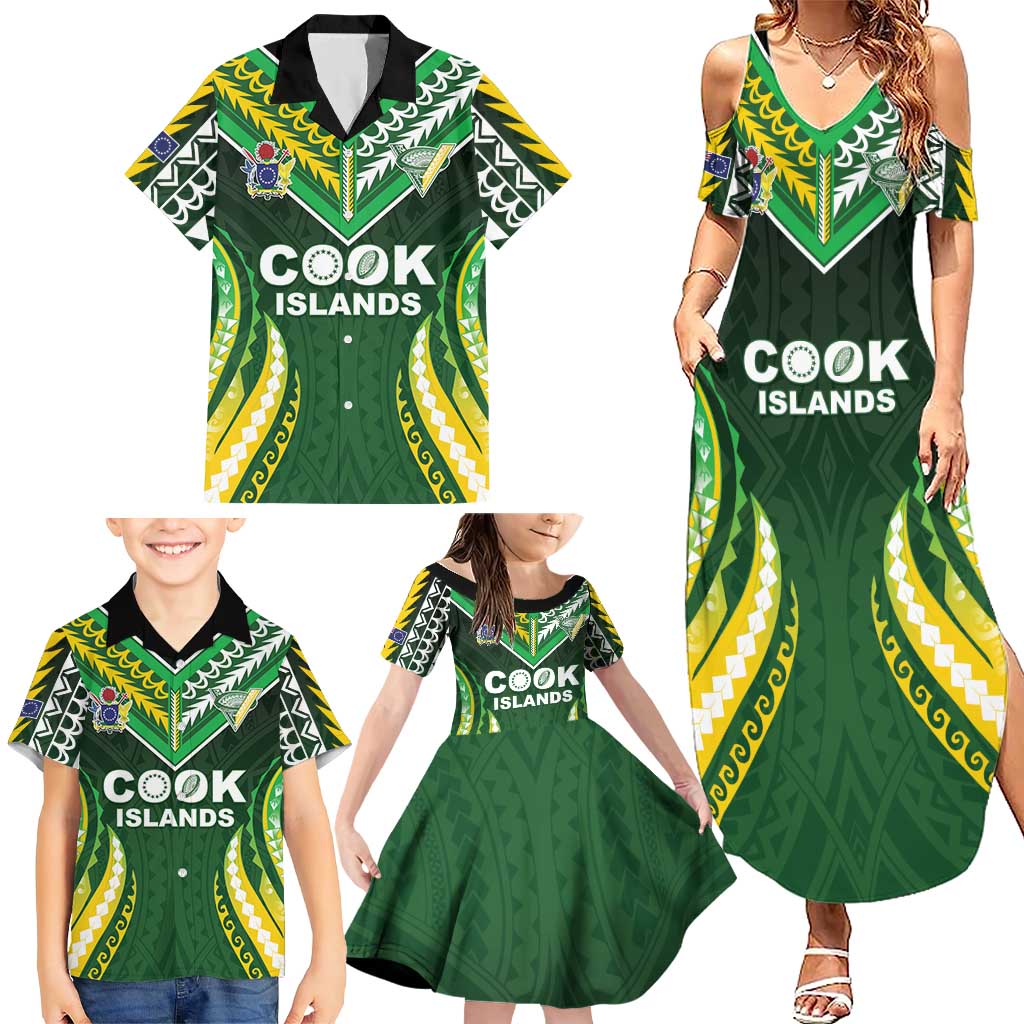 Custom Cook Islands Rugby Family Matching Summer Maxi Dress and Hawaiian Shirt Unique Style Green Version - Polynesian Pride
