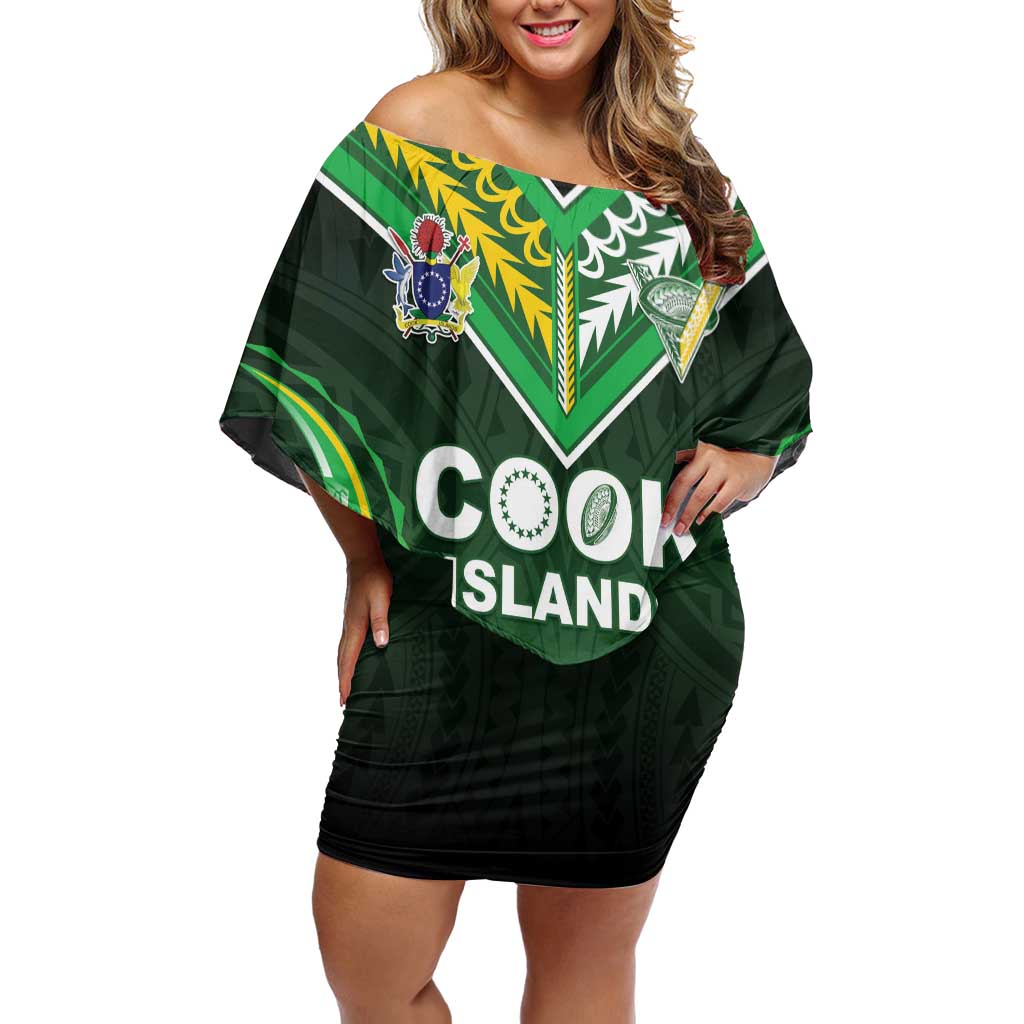 Custom Cook Islands Rugby Off Shoulder Short Dress Unique Style Green Version - Polynesian Pride