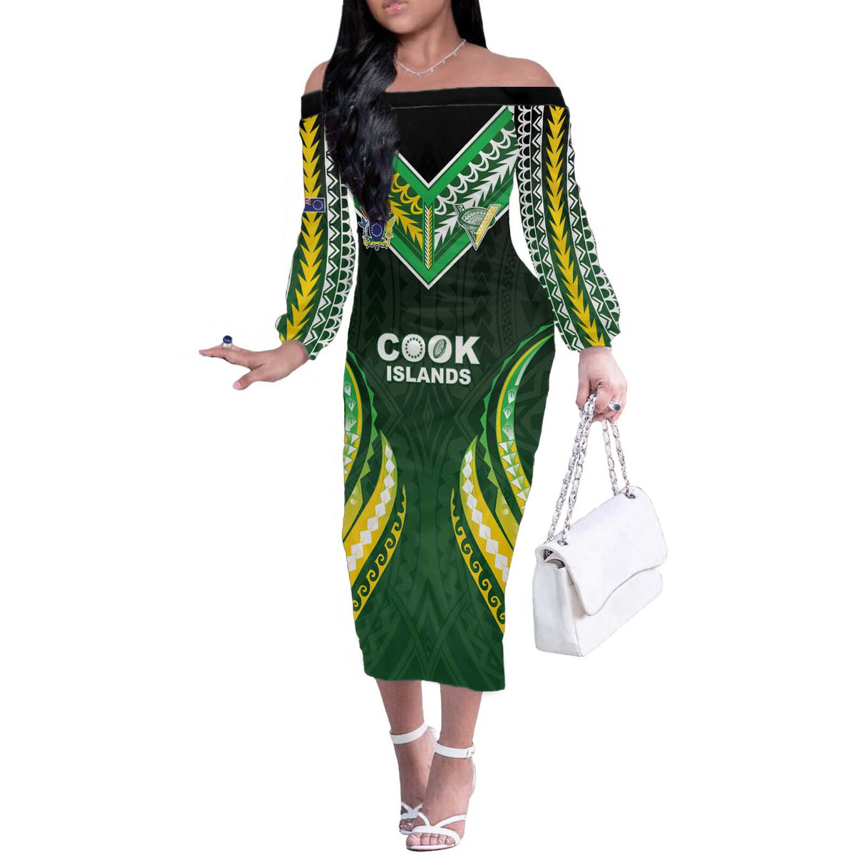 Custom Cook Islands Rugby Off The Shoulder Long Sleeve Dress Unique Style Green Version LT05 Women Green - Polynesian Pride