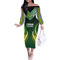 Custom Cook Islands Rugby Off The Shoulder Long Sleeve Dress Unique Style Green Version LT05 Women Green - Polynesian Pride