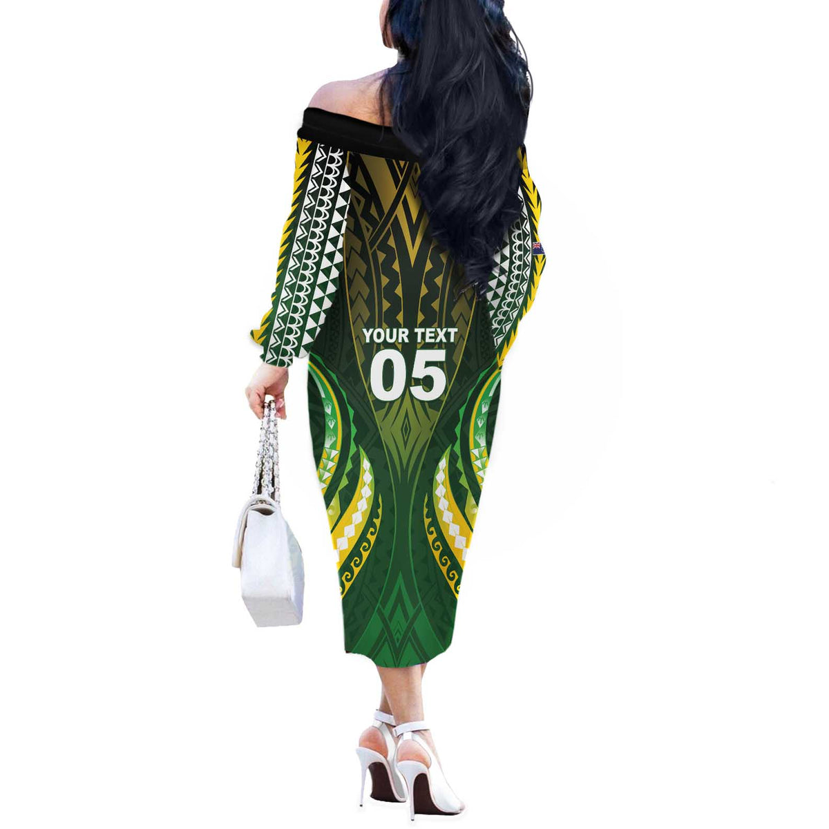 Custom Cook Islands Rugby Off The Shoulder Long Sleeve Dress Unique Style Green Version LT05 - Polynesian Pride