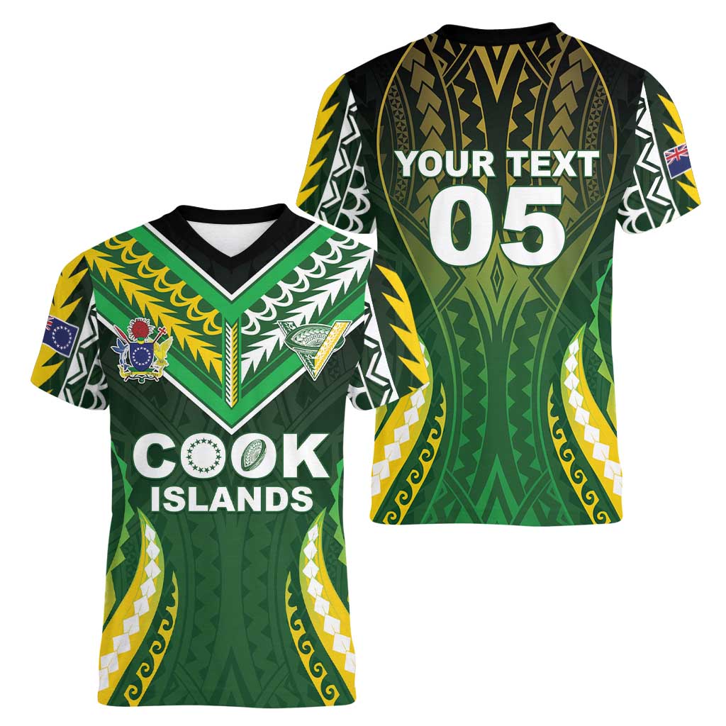Custom Cook Islands Rugby Women V-Neck T-Shirt Unique Style Green Version - Polynesian Pride