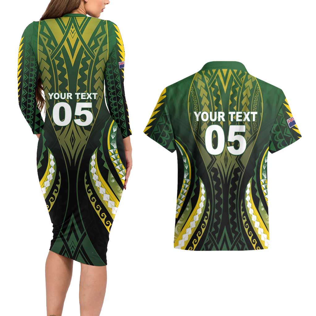 Custom Cook Islands Rugby Couples Matching Long Sleeve Bodycon Dress and Hawaiian Shirt Unique Style Black Version - Polynesian Pride