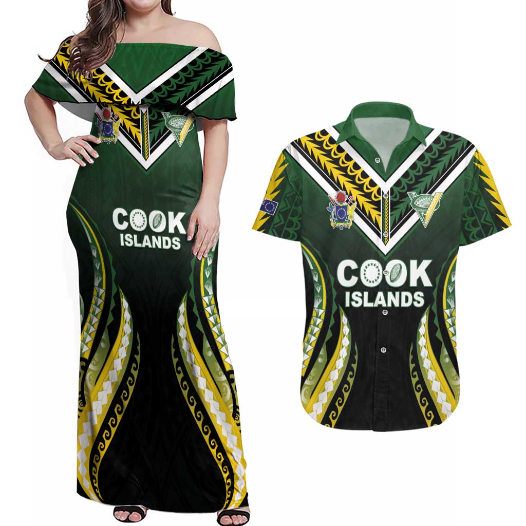 Custom Cook Islands Rugby Couples Matching Off Shoulder Maxi Dress and Hawaiian Shirt Unique Style Black Version - Polynesian Pride
