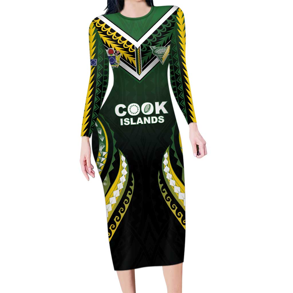Custom Cook Islands Rugby Family Matching Long Sleeve Bodycon Dress and Hawaiian Shirt Unique Style Black Version - Polynesian Pride