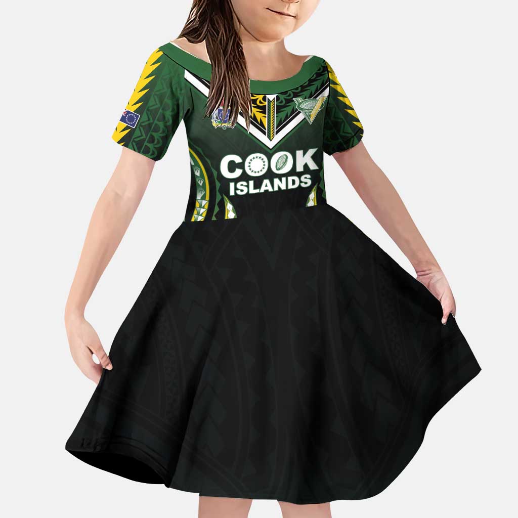 Custom Cook Islands Rugby Family Matching Puletasi and Hawaiian Shirt Unique Style Black Version LT05 Daughter's Dress Black - Polynesian Pride