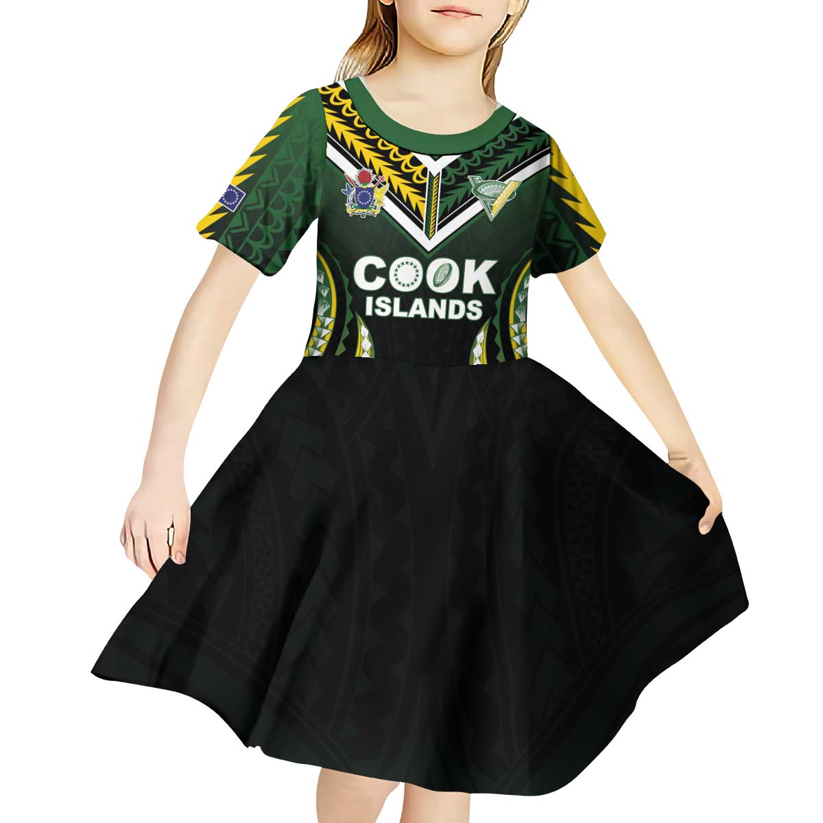 Custom Cook Islands Rugby Kid Short Sleeve Dress Unique Style Black Version - Polynesian Pride